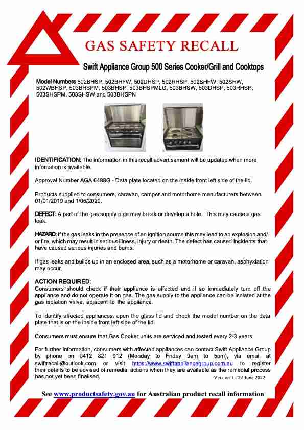 SWIFT APPLIANCE GROUP GAS COOKER Update